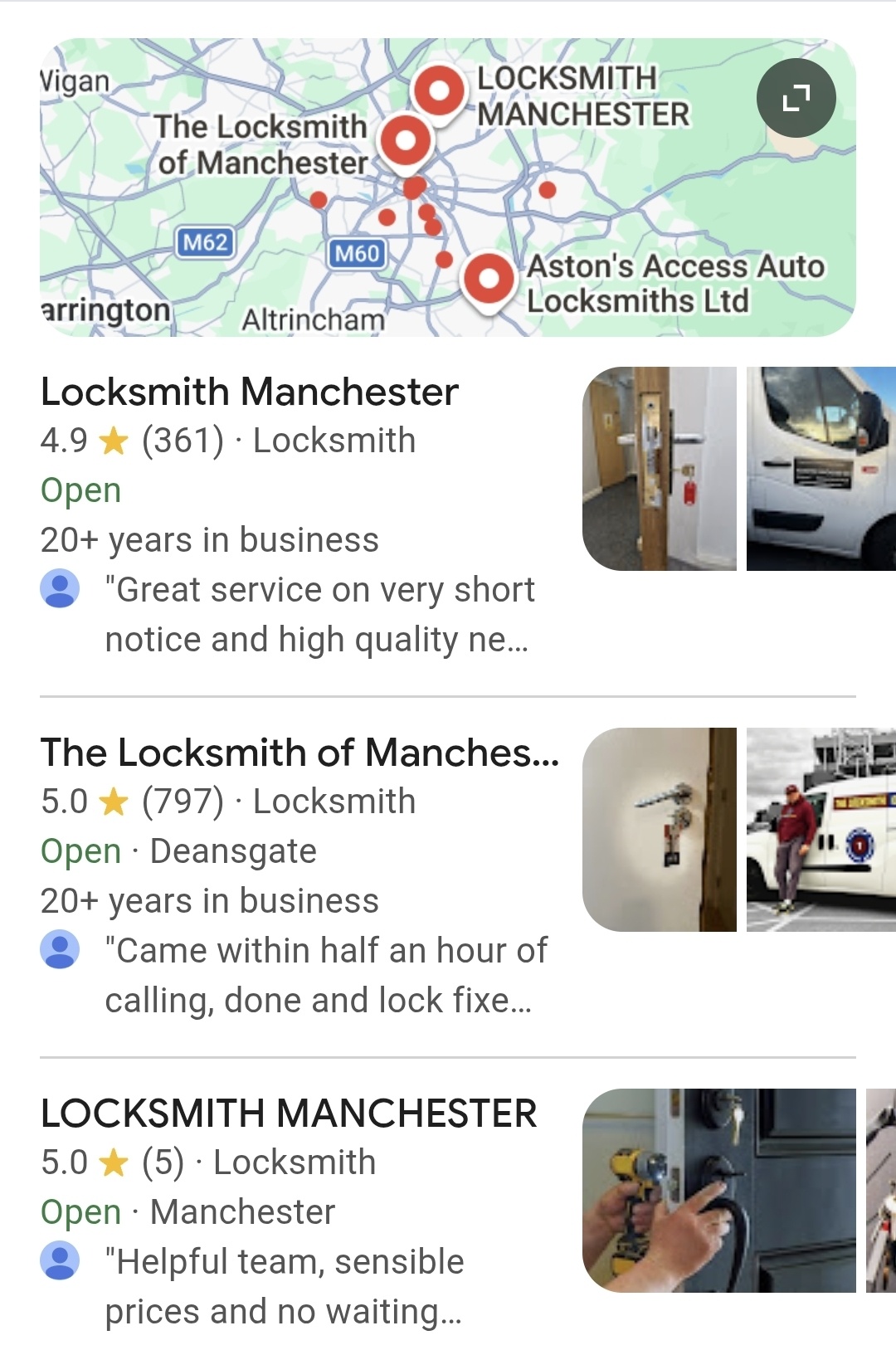 Google map pack showing 3 locksmith GBP results with business pictures and review counts