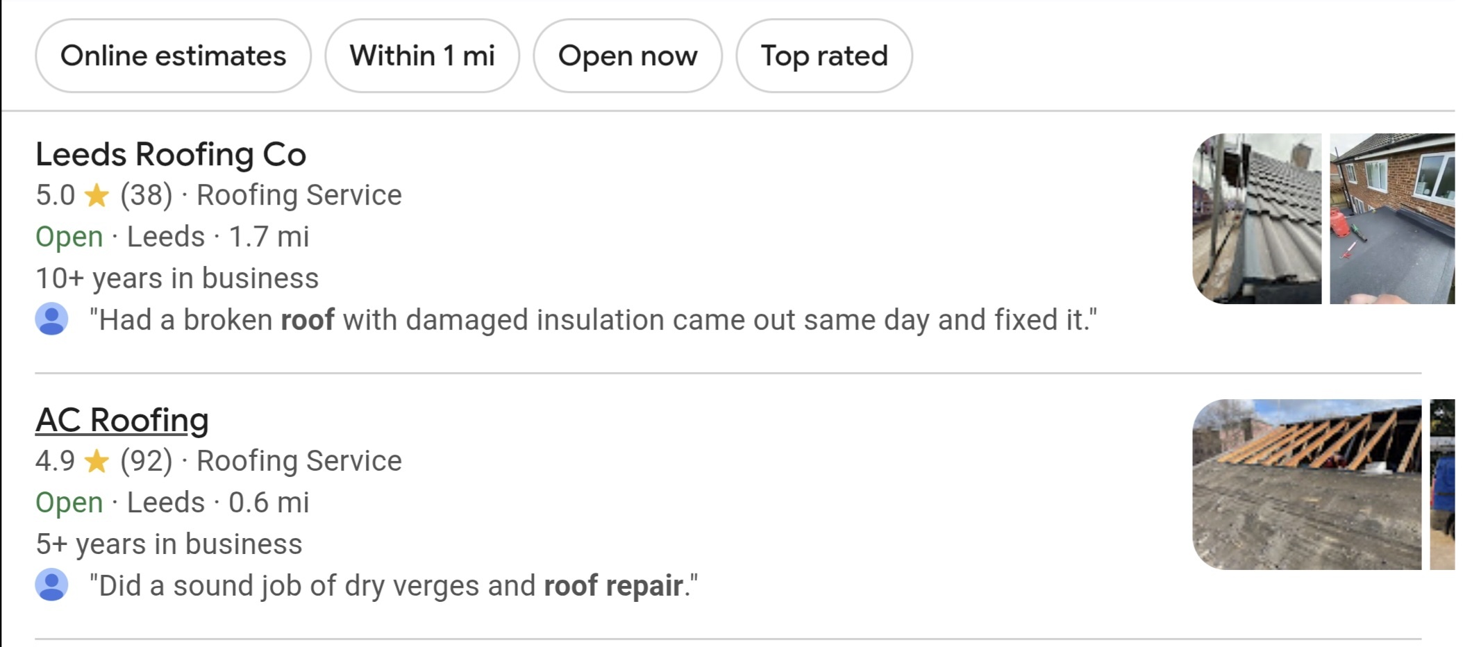 Top 2 results for the search term roofers Leeds displaying Leeds Roofing Co and AC roofing