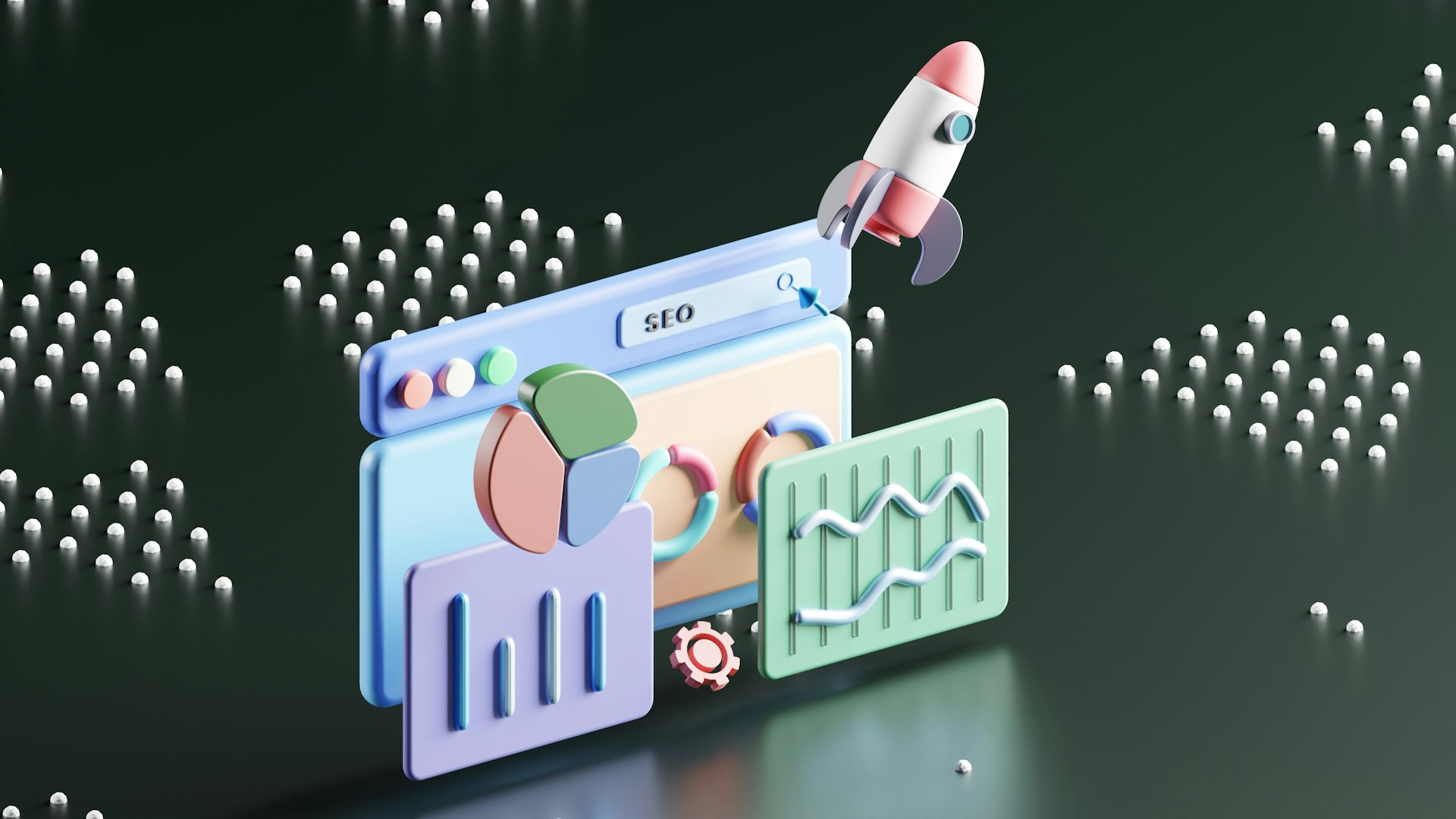 animation style picture of multi coloured SEO charts on a reflective surface